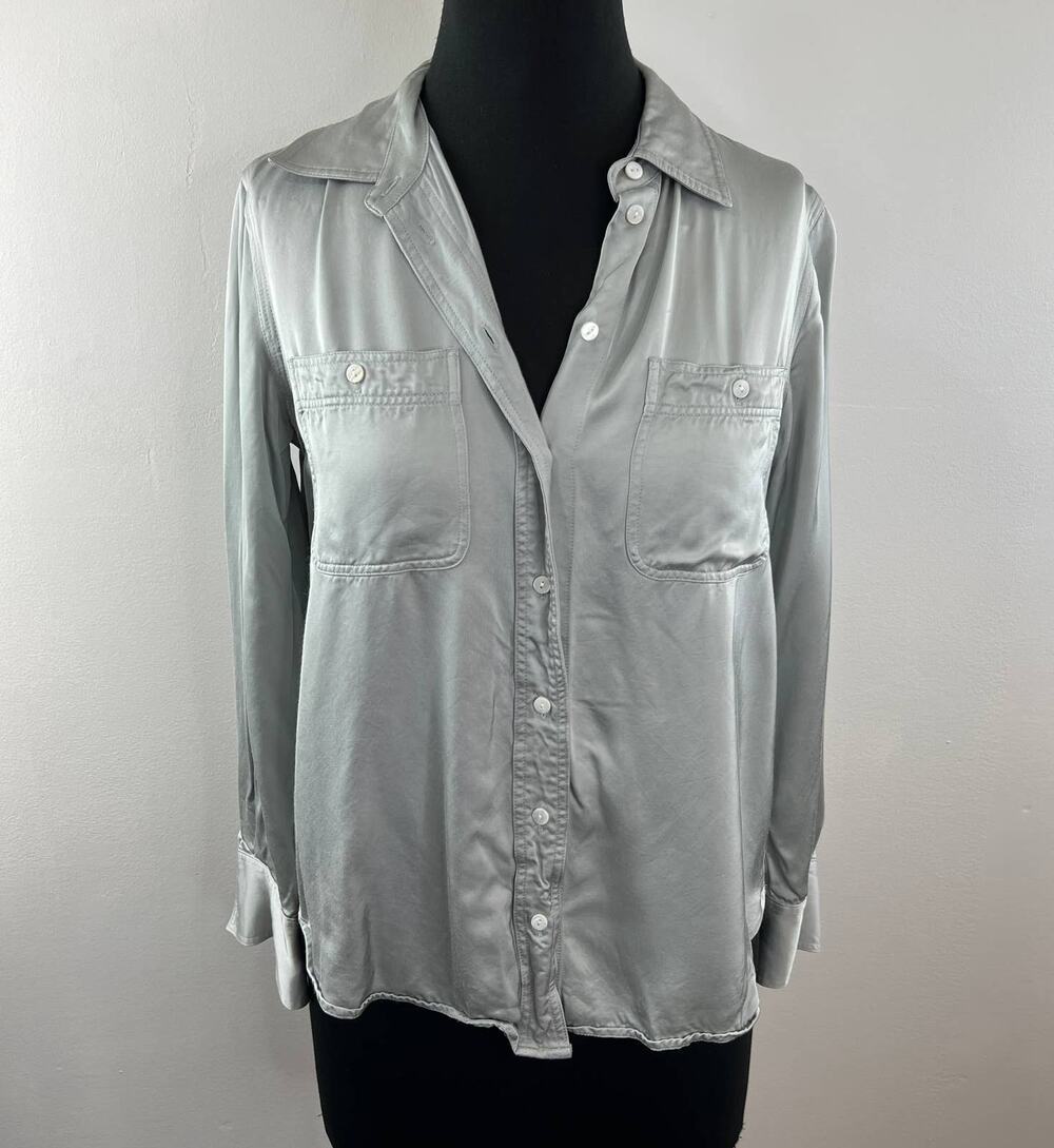 Club Monaco Gray Silver Button-Up Long Sleeve Casual Dress Shirt Top Pockets S